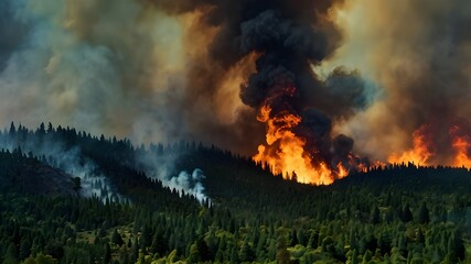 Megafeu - Forest fire - Massive fire ravaging forested areas with enormous flames - Climatic warming and ecological disaster - seen from space