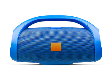 Blue portable wireless Bluetooth speaker, isolated on a white background. Device for playing music.