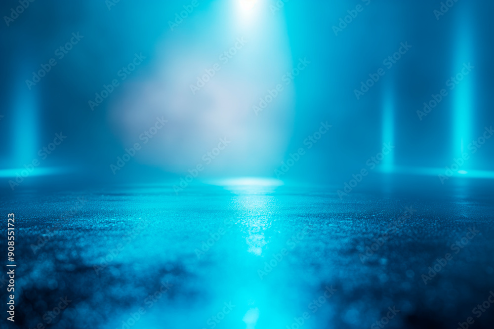 Poster An empty stage with blue lighting effects on a dark textured floor against a hazy blue background, concept of presentation space. Generative AI