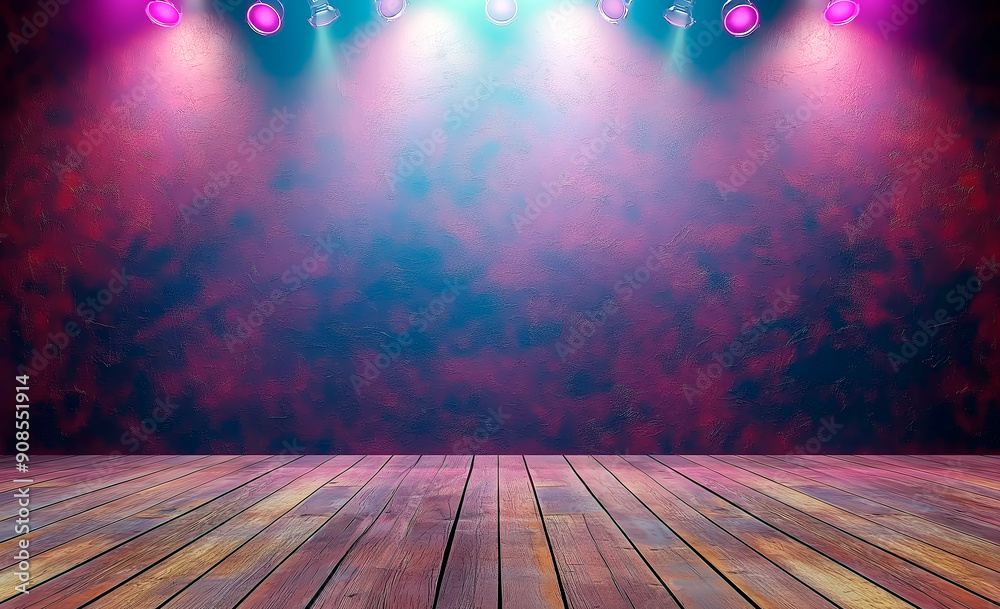 Poster empty wooden stage with spotlighting, modern background, concept of a performance or presentation sp
