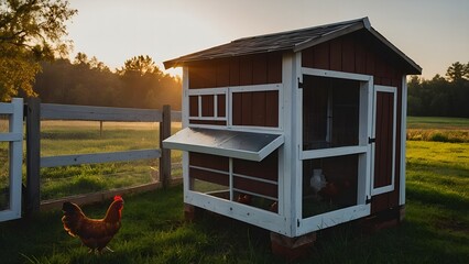 Chickens in a modern henhouse with convenient access to nesting boxes
