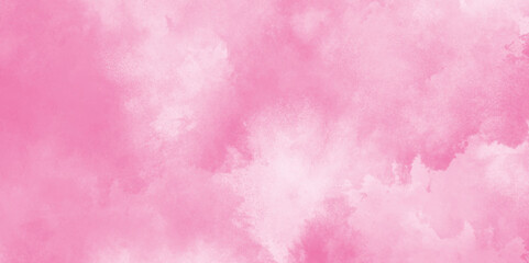 Soft smeared aquarelle painted pink texture, Abstract pink sky background and white clouds on pink canvas, Paint leaks and ombre effects hand painted cloudy pink paper texture.