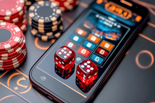 Gaming hall with slot machines, casino. AI generative.