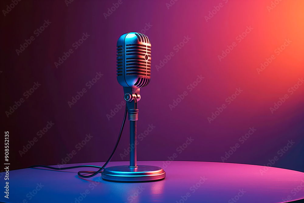 Poster a vintage microphone with colorful lighting on a gradient purple background, symbolizing creative au