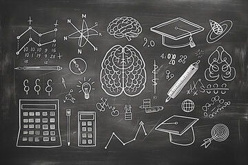 Chalk-drawn educational icons on a blackboard, white chalk illustrations, dark classroom background, concept of learning. Generative AI
