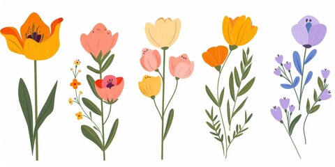 Obraz premium Collection of 2D and 3D Vector Flat Abstract Minimalistic Art of Flowers and Meadow Isolated on a White Background
