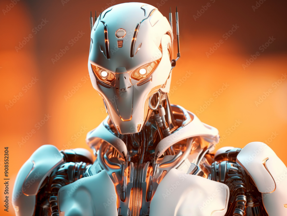 Poster A detailed close-up of a robot with a humanoid face on an orange background, concept of futuristic technology. Generative AI