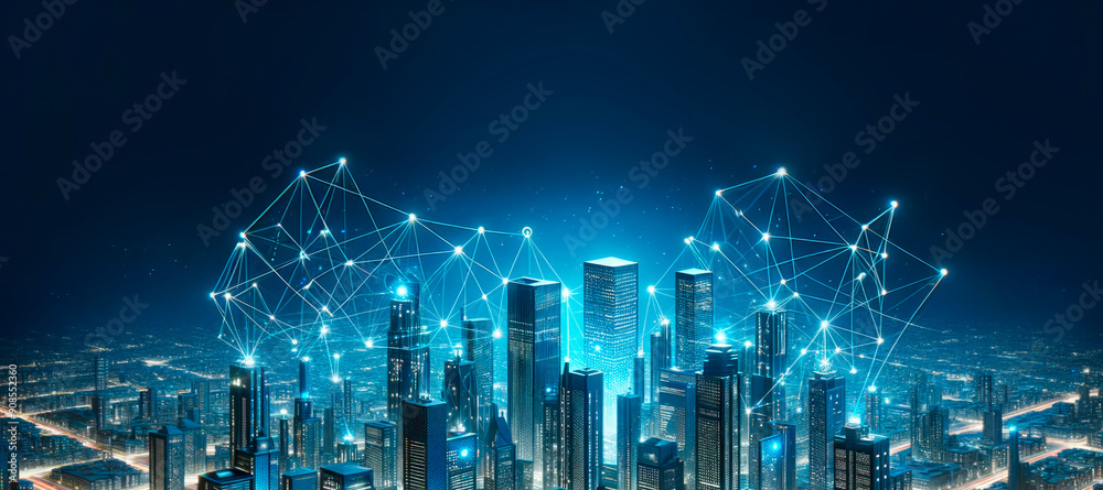 Poster a cityscape at night enhanced with digital mesh network lines, symbolizing connectivity on a dark ba