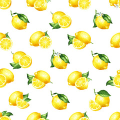 Fresh Lemon fruit seamless pattern. Hand drawn watercolor illustration,  isolated on white background