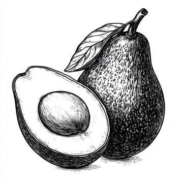 recommend clip art: Black and white Vintage engraved art of a avocado isolated on white background, ink sketch illustration, simple vector art design, highly detailed line art, high contrasty
