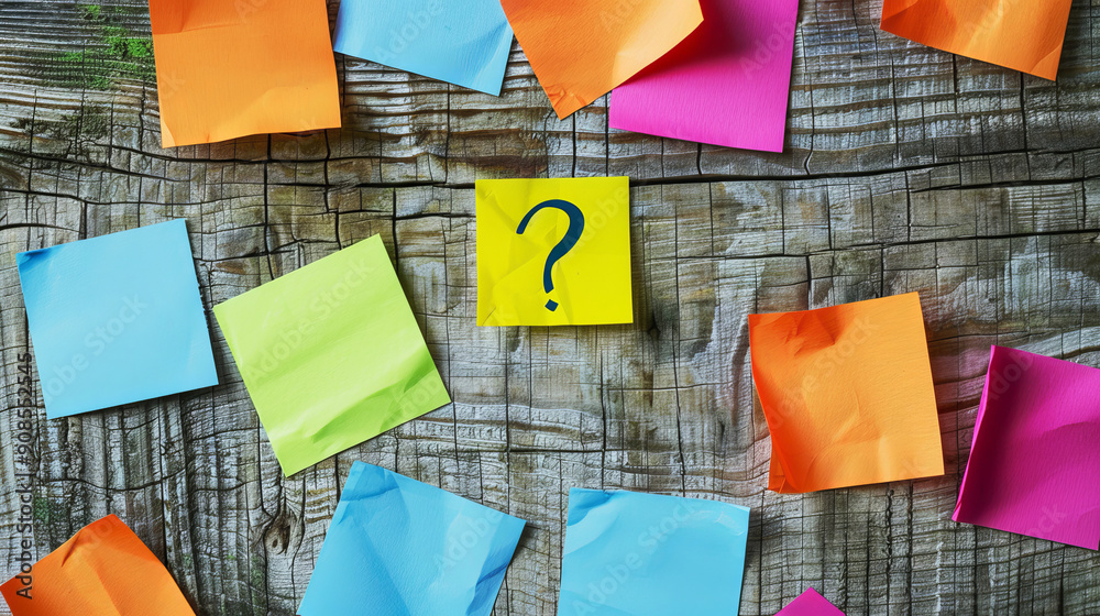 Aufkleber colored sticky notes on a wooden background with a question mark, concept of inquiry or planning. ge