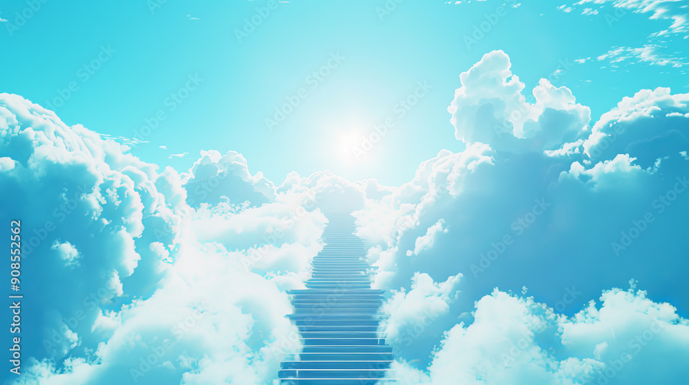 Poster stairway ascending through fluffy clouds into a bright sky, symbolic of aspiration. generative ai