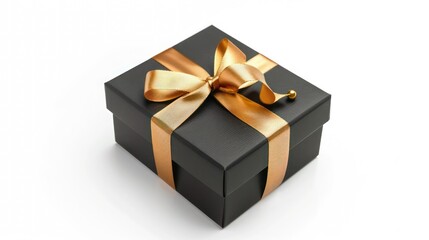 Black Gift Box with Golden Ribbon isolated on White Background.
