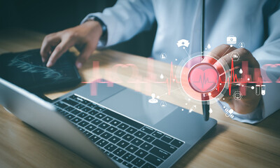 Cardiologist doctor examine patient heart functions and blood vessel on virtual interface. Medical...