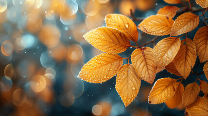 Obraz premium golden Yellow autumn leaves close up against a blurred bokeh background.
