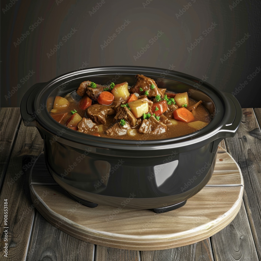 Wall mural A large pot of stew with meat and vegetables, including carrots and potatoes