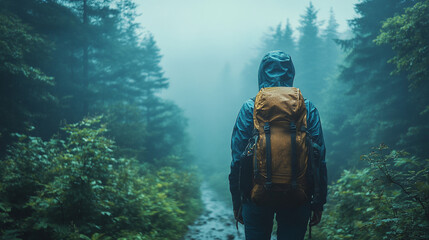 Back view of tourist with backpack looking at mountains capturing the essence of adventure and exploration. 