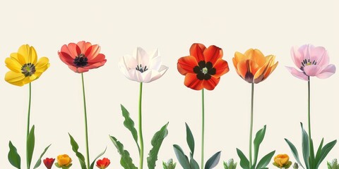 Fototapeta premium Collection of 2D and 3D Vector Flat Abstract Minimalistic Art of Flowers and Meadow Isolated on a White Background