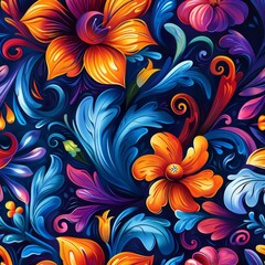 Vibrant Floral Pattern with Blue and Orange Tones