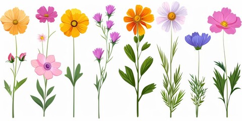 Collection of 2D and 3D Vector Flat Abstract Minimalistic Art of Flowers and Meadow Isolated on a White Background
