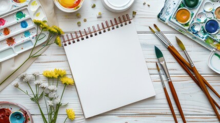 Flat lay of an artist's desk with paintbrushes, watercolor paints, and sketchbook on a white background
