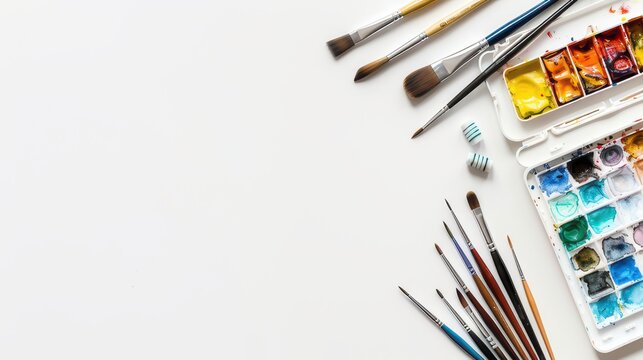 Flat lay of an artist's desk with paintbrushes, watercolor paints, and sketchbook on a white background