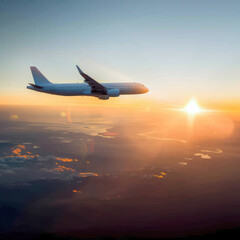 Aeroplane flying above the clouds and the setting sun in the background. AI generative.