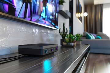 Obraz premium Black Streaming Device on a Wooden Shelf