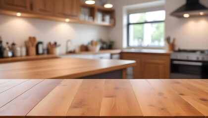Wooden table top with blurred kitchen interior in the background