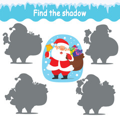 game for children to develop attention. Find the right shadow. Santa Claus with a bag of gifts. Printed sheet