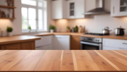 Wooden table top with blurred kitchen interior in the background