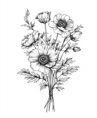 Obraz premium Black and white Vintage engraved art of a cosmos bouquet isolated on white background, ink sketch illustration, simple vector art design, highly detailed line art, high contrasty.