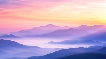 Obraz premium Breathtaking Sunrise Over Mountain Range with Pink and Orange Sky, Mist Gently Covering Valleys Below, Capturing the Serenity of Nature