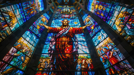 A stained glass masterpiece depicting Jesus Christ, arms outstretched, surrounded by disciples, vivid blues and reds dominate, intricate glass details, set in a grand cathedral