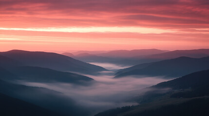 Fototapeta premium Breathtaking Sunrise Over Mountain Range with Pink and Orange Sky, Mist Gently Covering Valleys Below, Capturing the Serenity of Nature