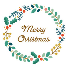 Hand-drawn Christmas Wreath Frame with various Christmas foliage. Flat vector illustration of Christmas wreath with text, Merry Christmas.