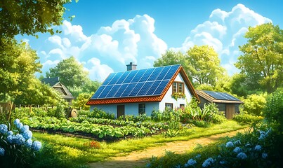 Obraz premium Illustration of a Solar-Powered House with Solar Panels and Vegetable Garden in Lush Greenery
