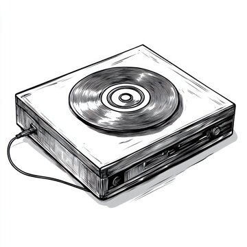 recommend clip art: Black and white Vintage engraved art of a DVD player isolated on white background, ink sketch illustration, simple vector art design, highly detailed line art, high contrasty. 