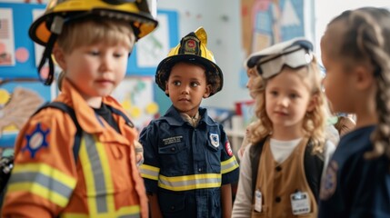 A classroom scene on Labor Day where children are dressed up in the uniforms of different professions they aspire to, learning about various careers.