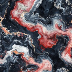 Abstract Swirling Marble Art with Red, Black, and Gold Tones