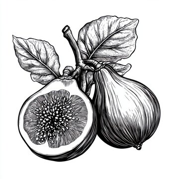 recommend clip art: Black and white Vintage engraved art of a fig isolated on white background, ink sketch illustration, simple vector art design, highly detailed line art, high contrasty.