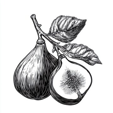 recommend clip art: Black and white Vintage engraved art of a fig isolated on white background, ink sketch illustration, simple vector art design, highly detailed line art, high contrasty