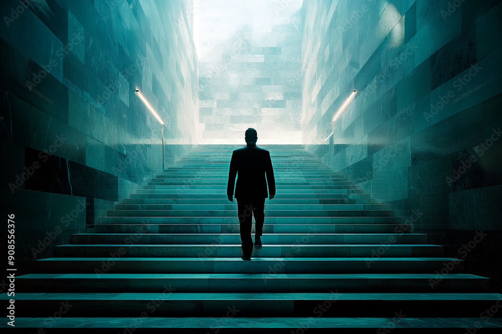 Aufkleber a silhouette of a man ascending stairs with lights on a marbled structure, with an abstract bright e