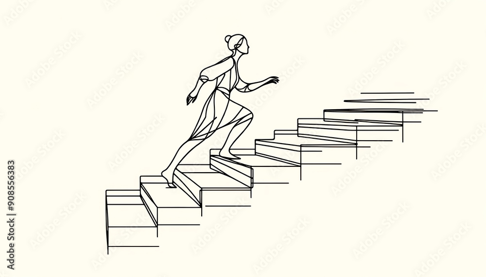 Poster a line drawing of a woman ascending steps on a tan background, showcasing a concept of progress and 