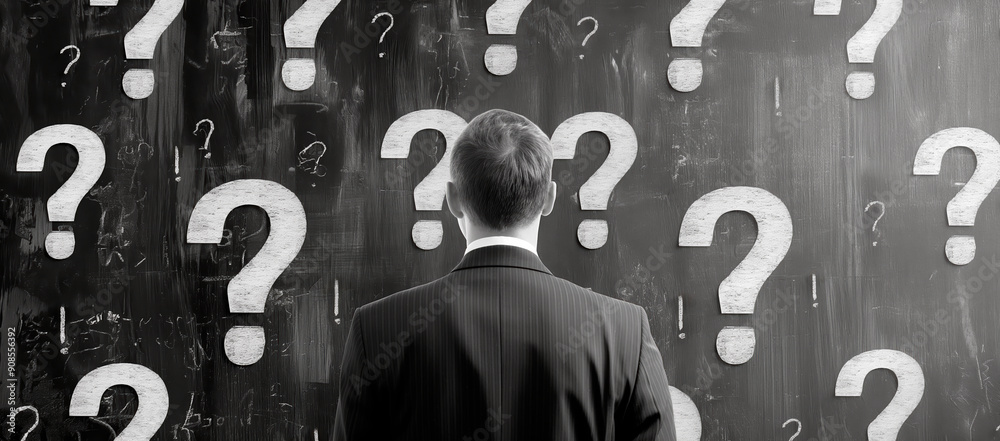 Poster businessman facing a wall with question marks, symbolizing decision-making or confusion on a dark ch
