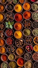 Spices small bowls arranged in a vibrant circular 