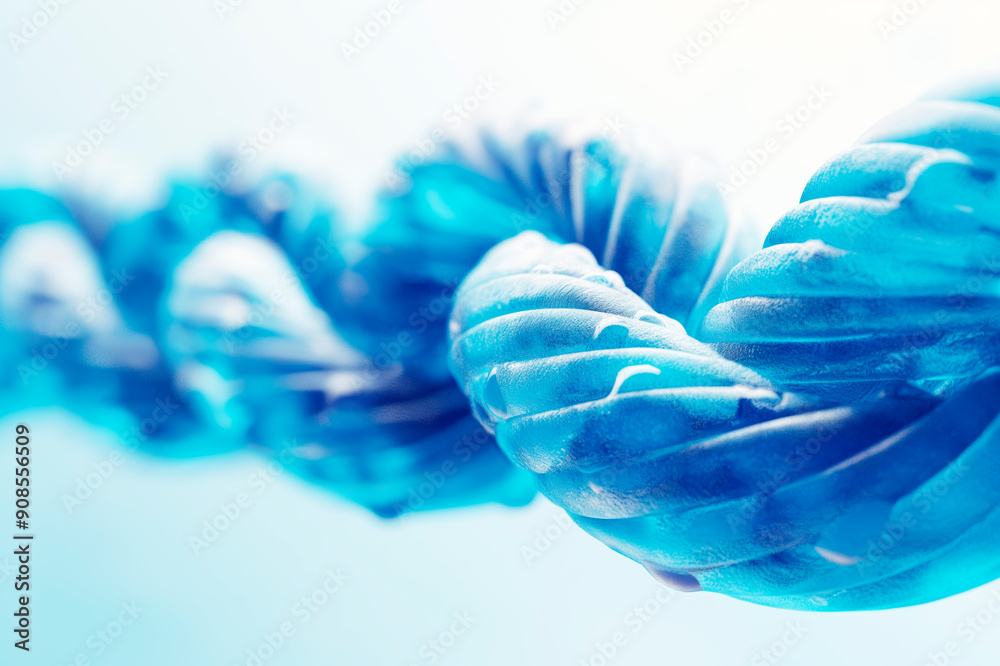 Poster Close-up image of a blue double helix DNA structure on a light blue background, illustrating the concept of biotechnology. Generative AI