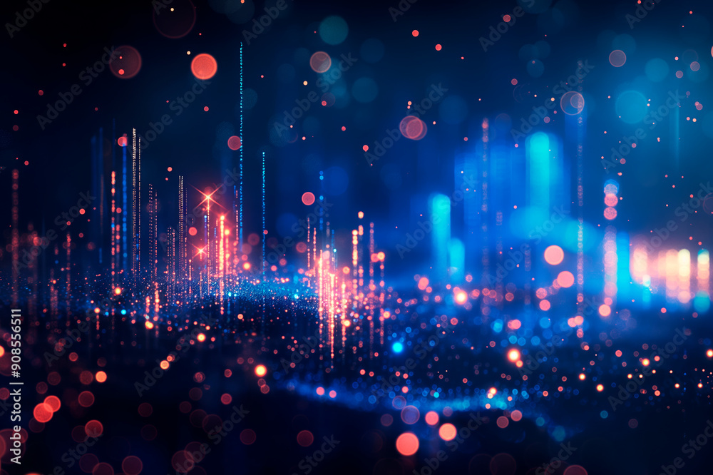 Wall mural abstract glowing particles forming cityscape shapes on a dark blue background, showcasing a futurist