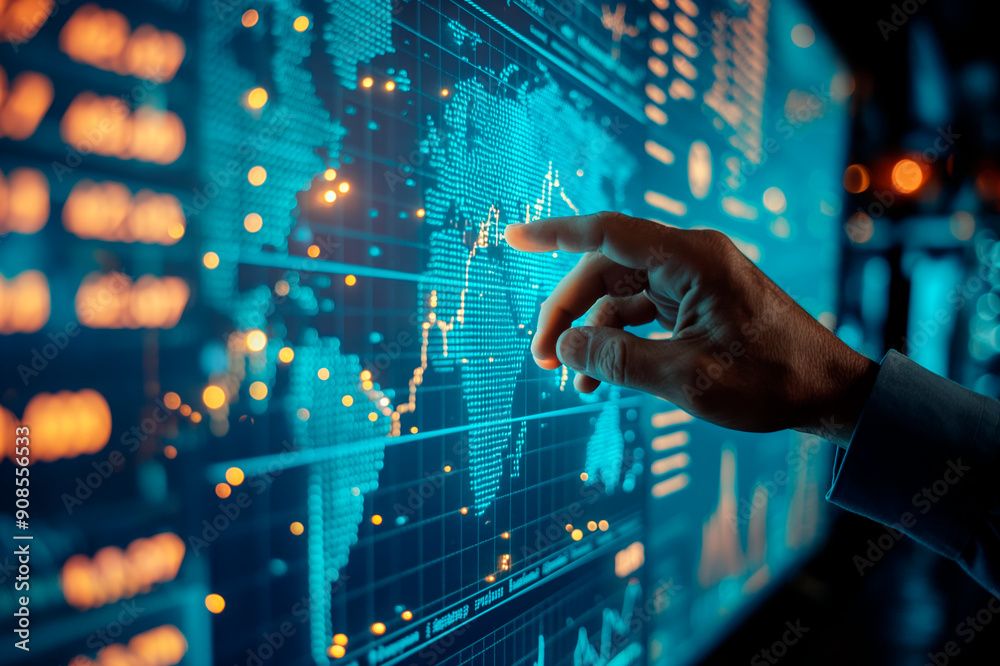 Poster A person interacting with a digital stock market chart, creative on a dark, blurred background, concept of finance analysis. Generative AI