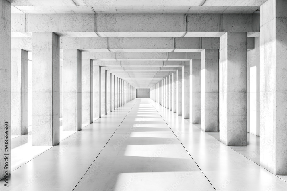 Poster symmetrical perspective of a long hallway with columns, minimalist style, on a bright background, co
